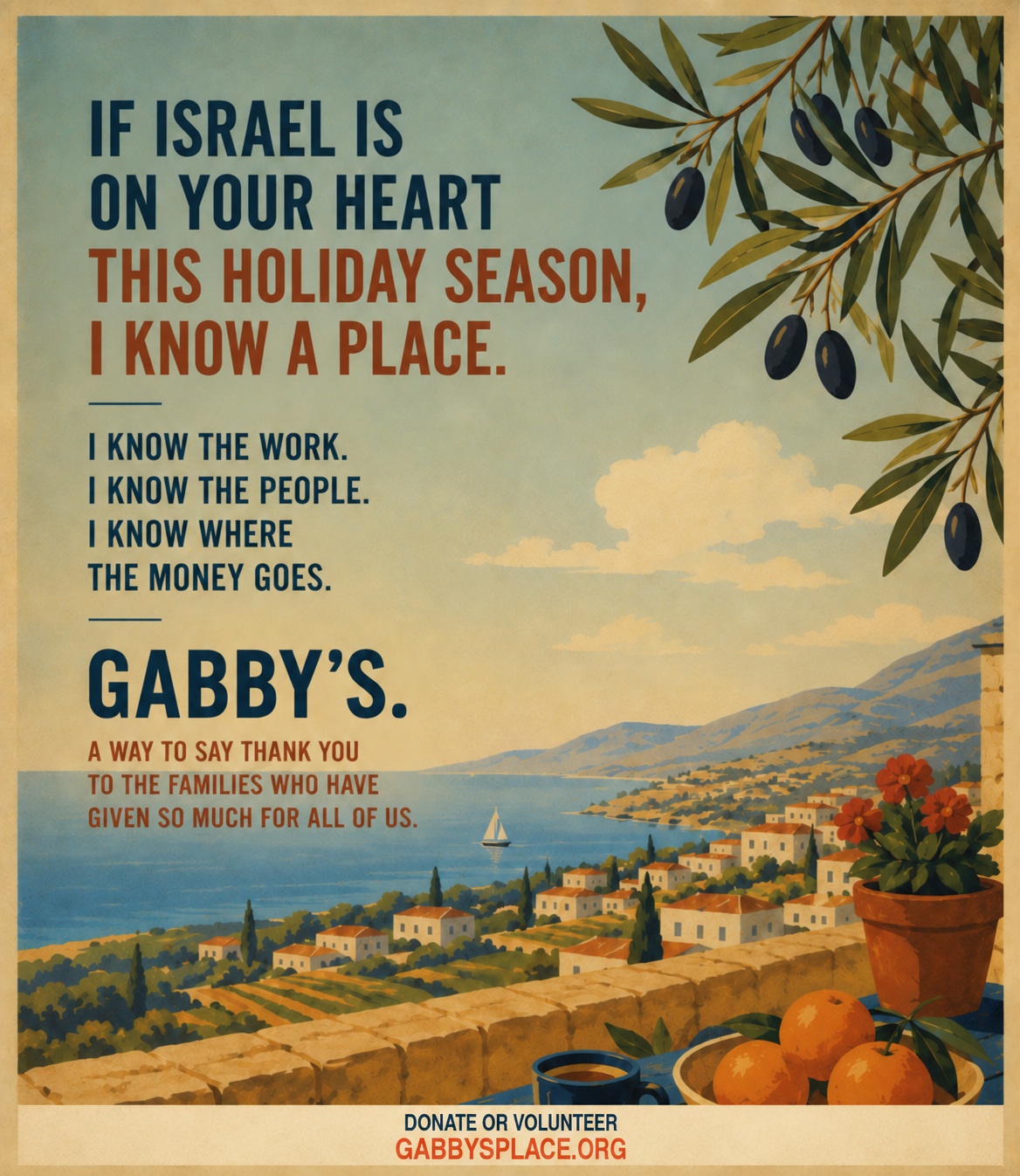 Gabby’s Place holiday giving poster overlooking Israel from a Mediterranean balcony