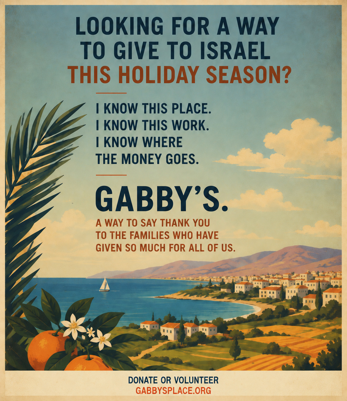 Gabby’s Place holiday giving poster overlooking an Israeli coastal landscape