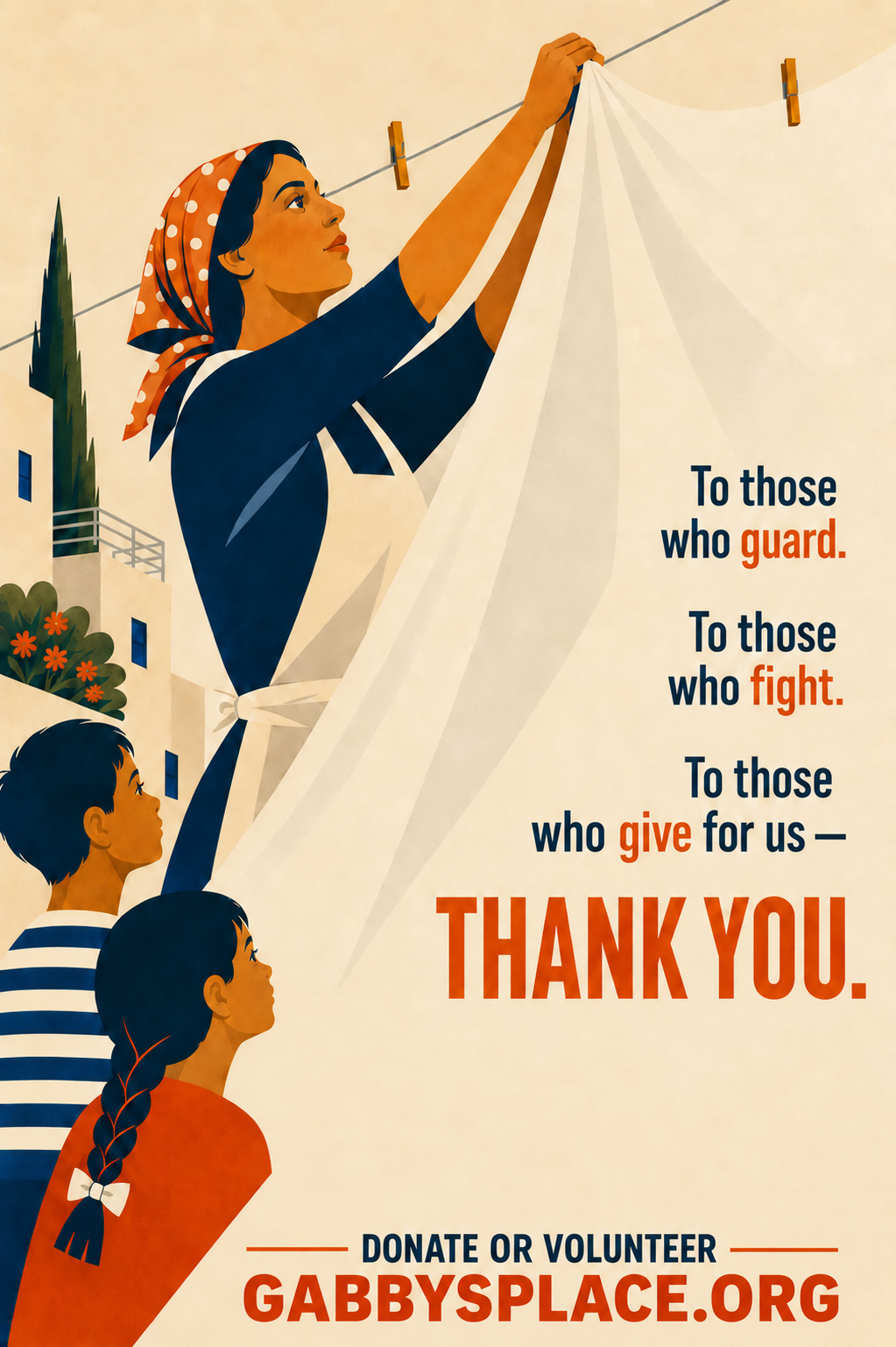 English Gabby’s Place campaign poster showing a mother hanging laundry with her children